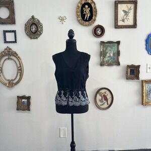 Vintage Dressbarn Black Silk Lace Trim Wrap Top